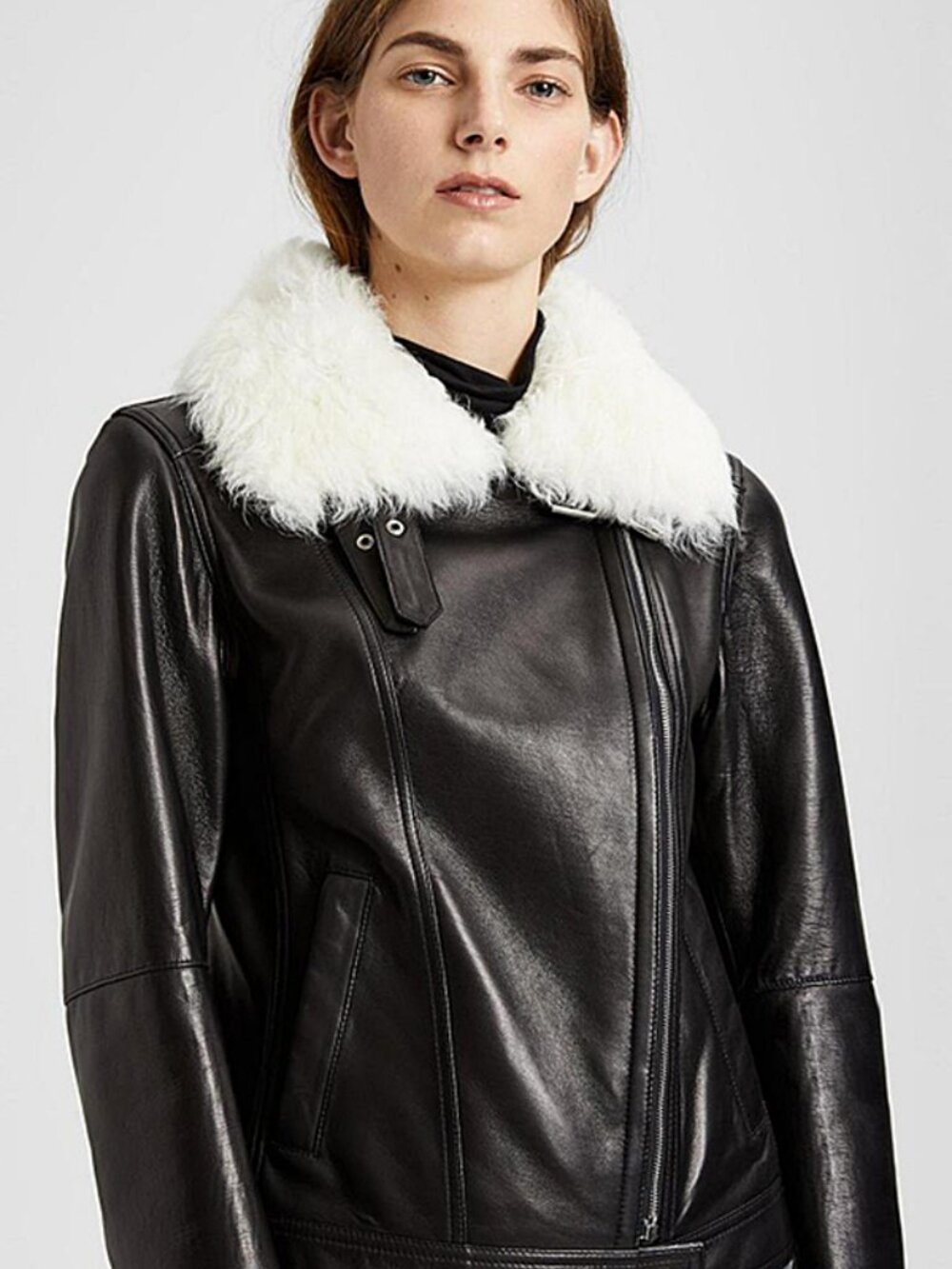 NWT $1495 Theory Black Pomono Shearling Collar Leather Moto Jacket SIZE S